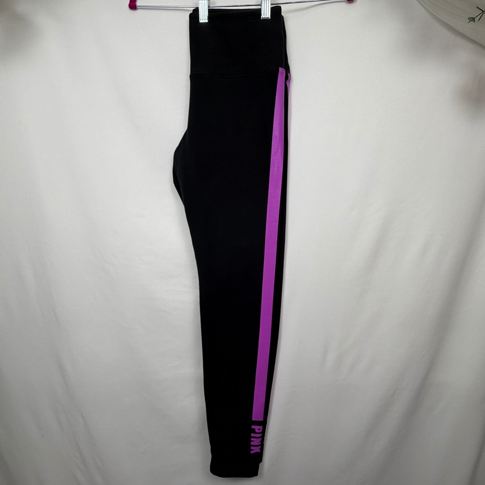 Pink Victoria's Secret Leggings Large Black Purple Side Stripe High Waist Cotton